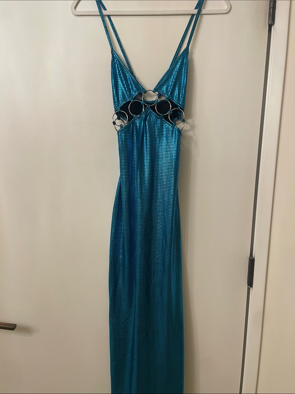 Metallic Teal Maxi Dress with Ring-Detail
